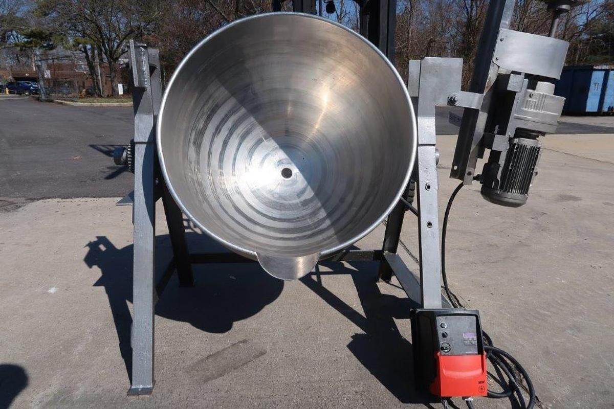 Used 80 Gallon Lee 316 SS Double Motion Scraper Kettle, Tilt Discharge, 100 PSI Jacket