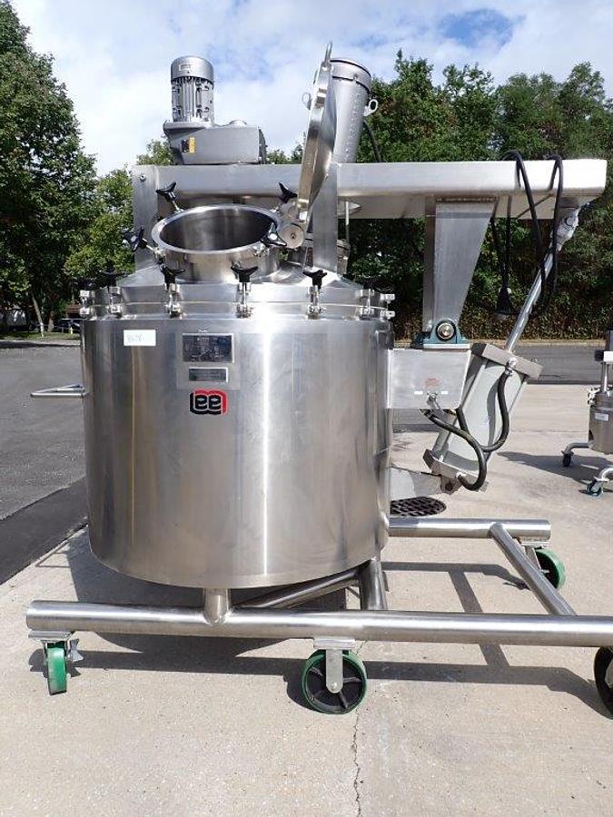 Used 250 Gallon Lee 316 SS Sanitary Agitated Vacuum Vessel, 90 PSI Jacket, Scraper and High Shear Tilt Out Agitation