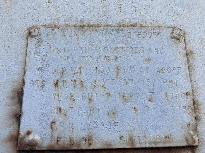 Used Silvan Industries Inc. approximately 3000 gallon carbon steel air receiver