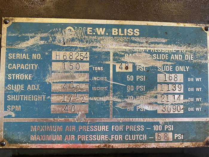 Used BLISS C-150 GEARED GAP FRAME PRESS