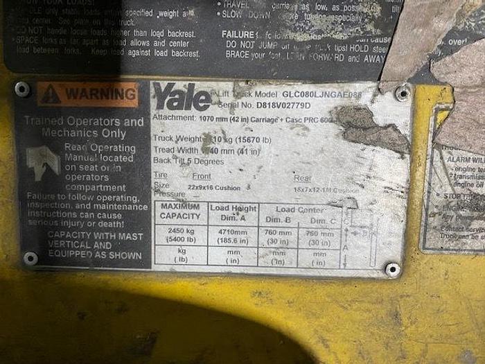Used 8,000 POUND YALE MODEL GLC080LJNGAE088 PAPER ROLL CLAMP TRUCK 51" DIAMETER 5,500 HOURS