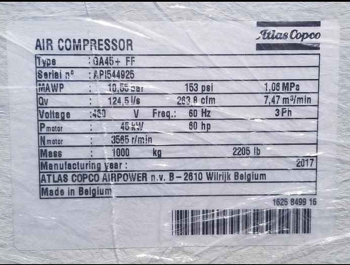 Used 2017 ATLAS COPCO GA45 60HP SCREW COMPRESSOR ONLY 8 HOURS USE