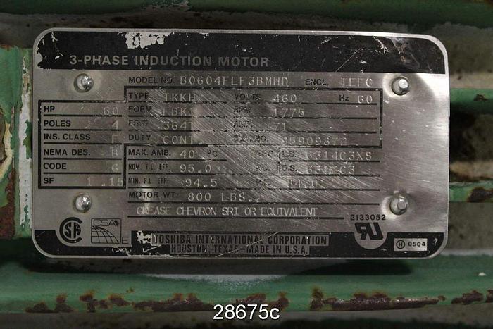 Used Toshiba B0604FLF3BMHD AC Motor, 60 HP, 1755 RPM #28675