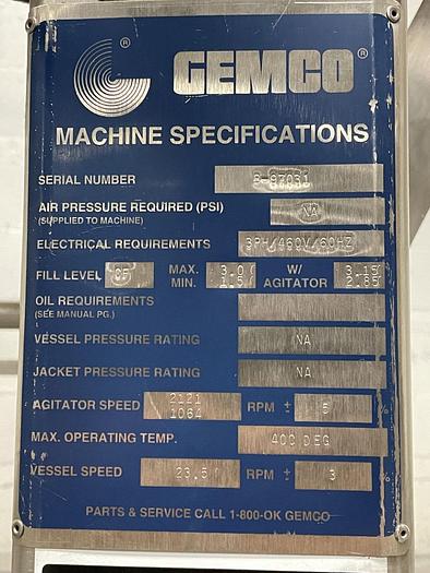 Used 3 CU. FT. GEMCO SLANT CONE BLENDER WITH INTENSIFIER BAR - S/S - 85 LBS/CU. FT.