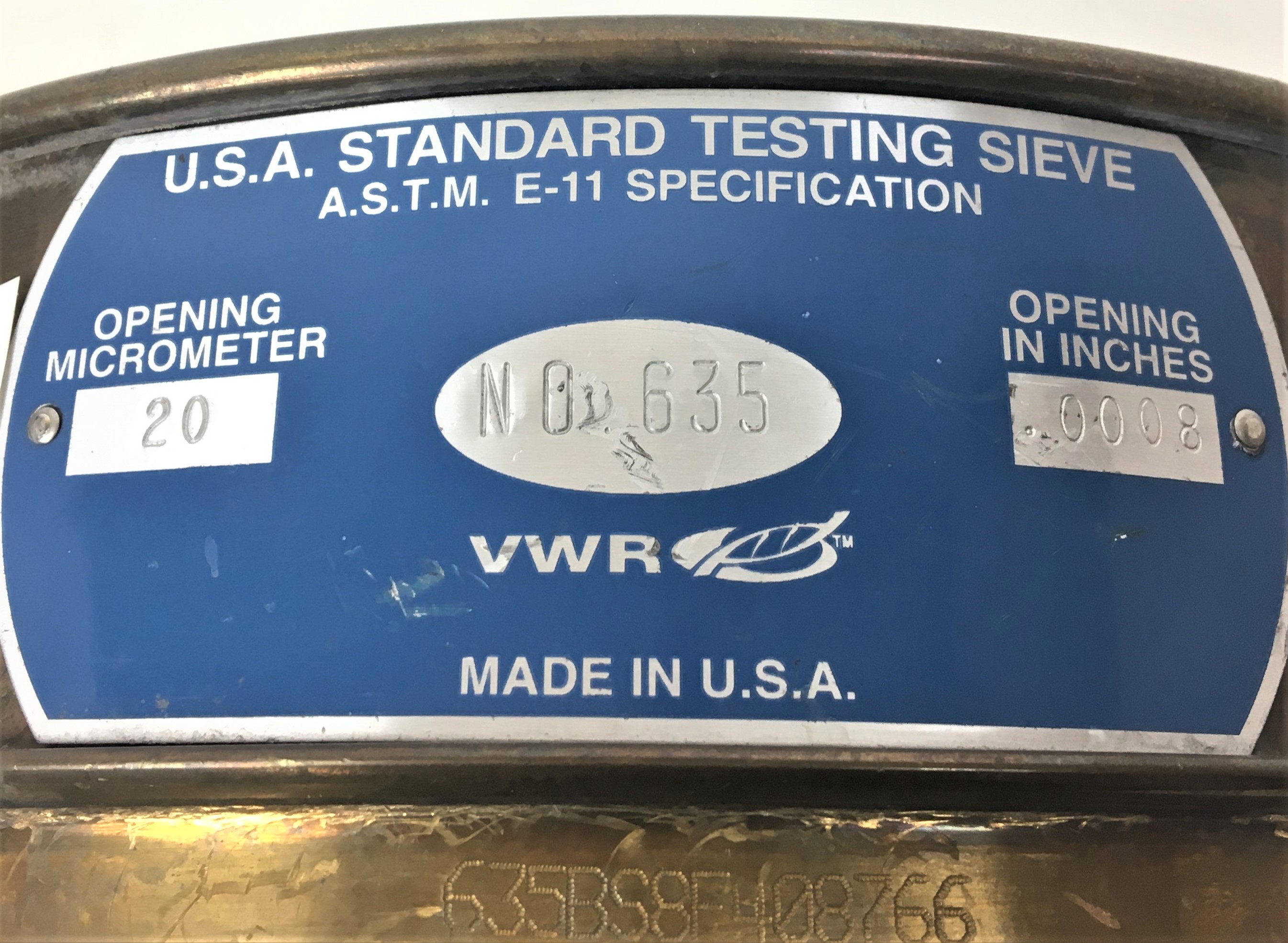 Used VWR #635 Brass-Stainless Steel 8" Sieve - 20μm