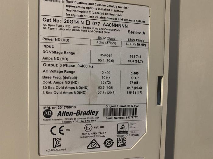 Used ALLEN BRADLEY POWERFLEX 755 DRIVE 60 HP
