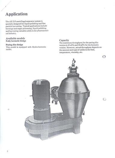 Used Alfa Laval separator, type AX 215H-31B including installation module