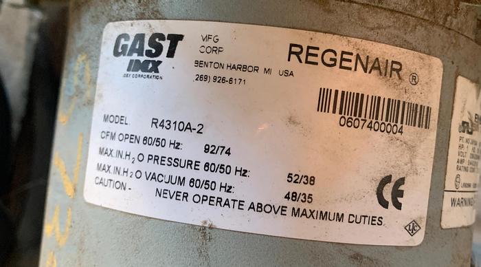 Unused Pump, Vacuum, 1 HP, Gast, Mdl R4310a-2, 92 CFM, #S735030