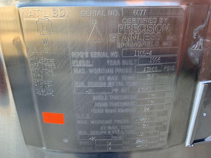 Used Tank, 50 Gallon, 316L Stainless Steel, Jacketed, FT/DB, Precision Stainless #S743608