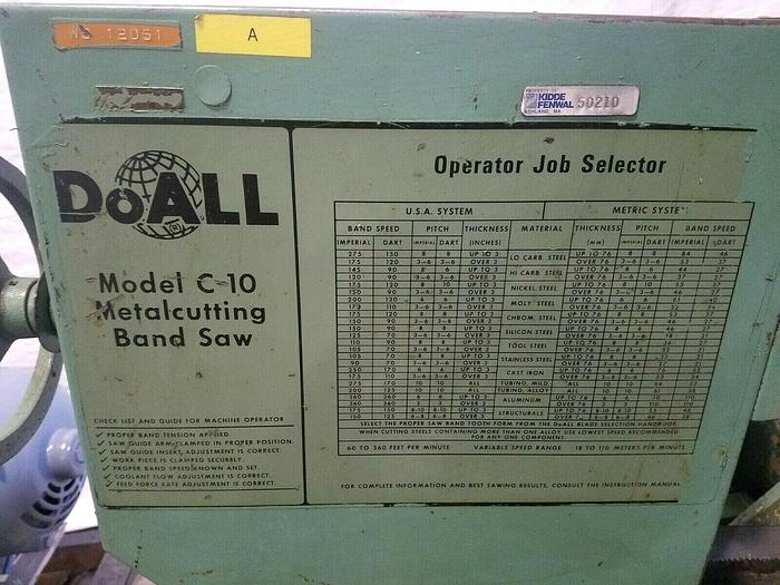 Used DoAll 10" x 12" Hydraulic Metal Cutting Bandsaw Model C 10 Band Saw