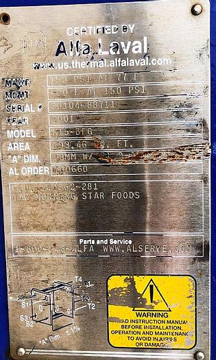 Used Heat Exchanger, Plate, 193 SF, Alfa Laval, 150 PSI, S/st, #S742970