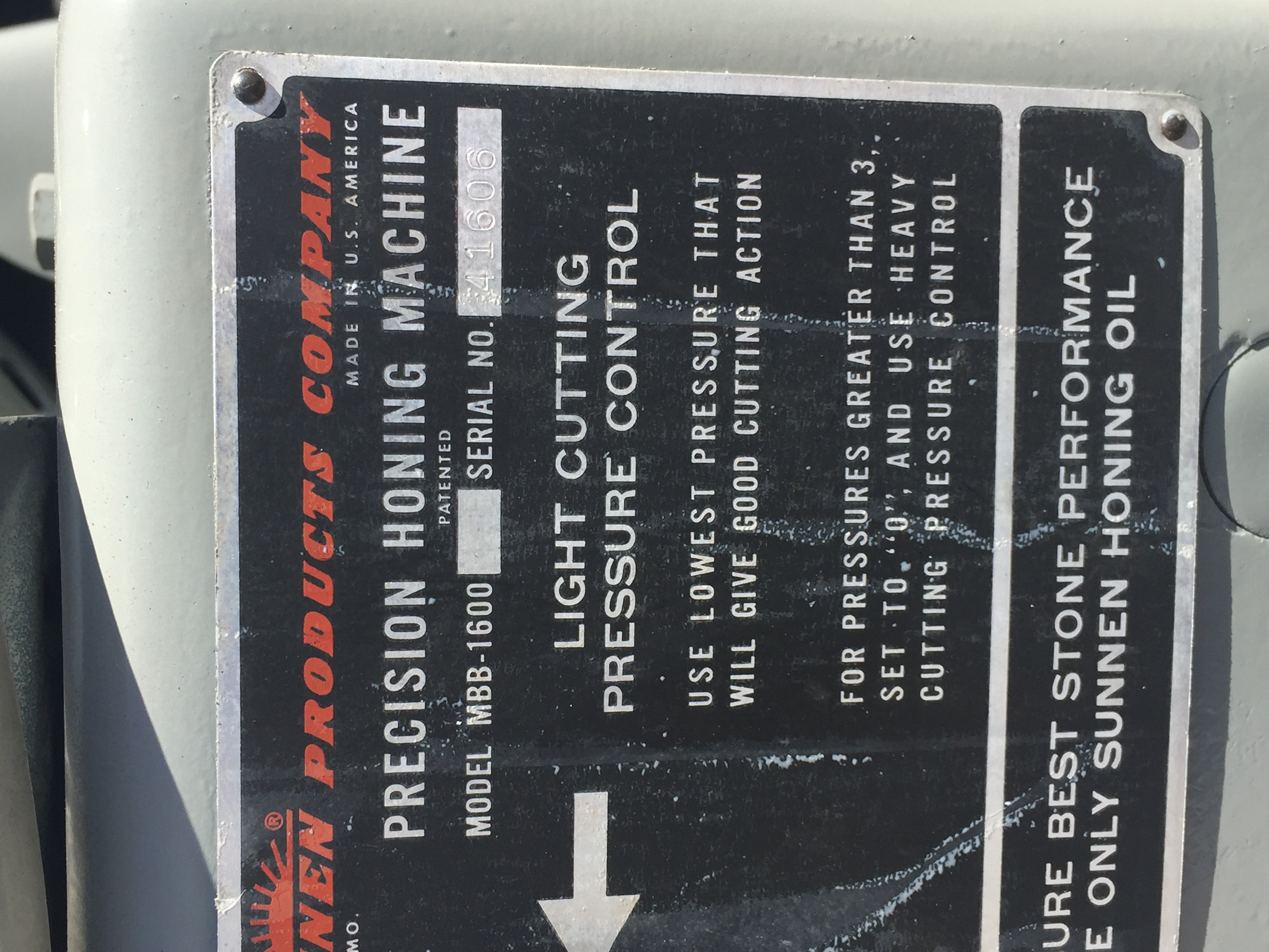 Used Sunnen Mdl. MBB-1600 Precision Hone