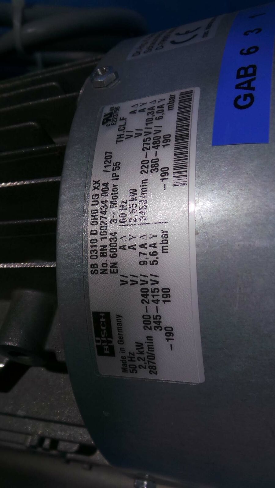 Used BUSCH SB0310D0H0UGXX Motor, SB0310D0H0UGXX / Motor Blower / 3~Motor IP55 / 50~60Hz /200~240V / 2,2kW