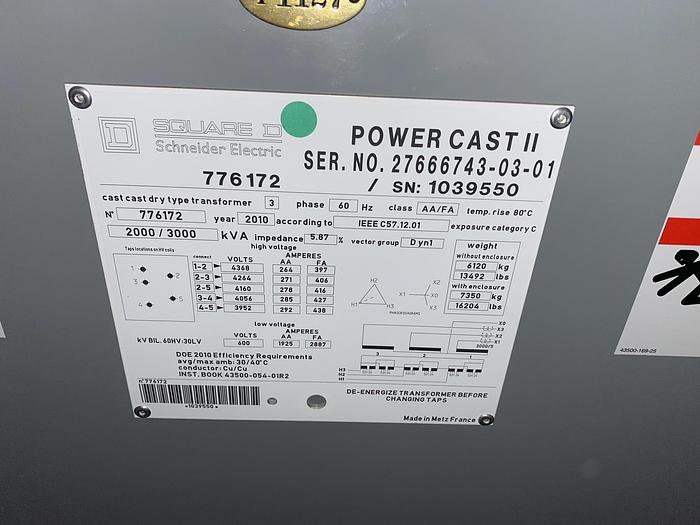Used SQUARE D COMPANY 2000 / 3000 KVA DRY TYPE TRANSFORMER