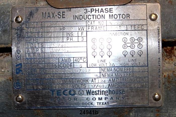Used Westinghouse TYPE AEEANE Ac Motor, 50 Hp, 1765 Rpm, 460 Volts, 60 Hz, 1.15 Sf, 326T Frame, Code G, Design B, Class F, 93.0% Efficiency, #24941