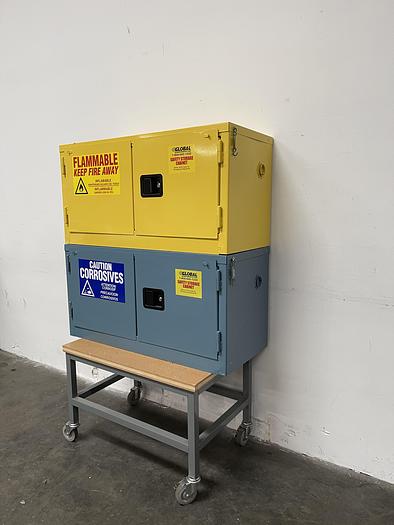 Used Global 15 Gallon Flammable Stacked Cabinet 43"x19"x22" w/ Global Acid Cabinet