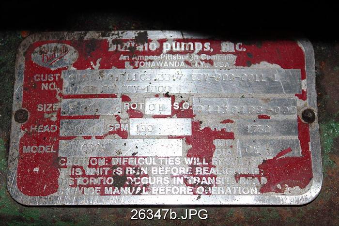 Used Buffalo CRCV Buffalo Pump, Size 509, 7-1/4" Impeller Diameter, Ductile Iron Casing, Ductile Iron Stuffing Box, 150 Gpm, 50 Ft Head, 1750 Rpm, Clockwise Rotation #26347