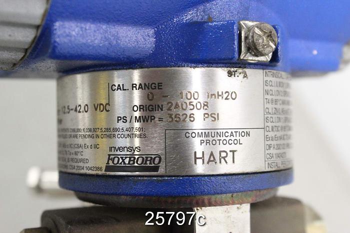 Used Foxboro IDP10-T12BO1F-M1L1 Pressure Transmitter, Cal 0-100 In H2O, Supply 12.5-42.0 Vdc, Ps/Mwp =3626 Psi #25797