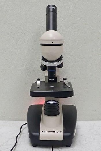 Used Ken A Vision Model T-1201C Monocular Microscope w/ 3 Objectives 4x, 10x, 40x