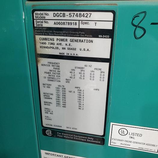 Used 2006 Cummins 60kW Generator Under 51 Hours