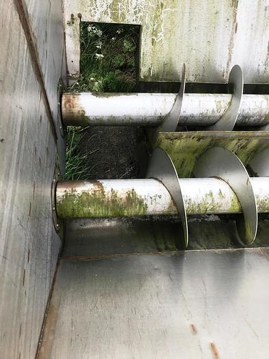 Used Binge (hopper) – for 30 m3 of meat discards. This binge contains two stainless steel (new) conveyors – each controlled by separate Reynold gear motors.