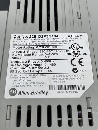 Used Allen-Bradley 22B-D2P3N104 Ser A 