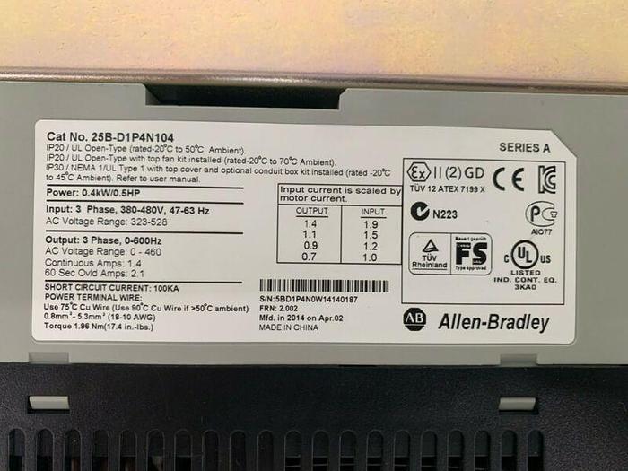 Used 25B-D1P4N104 Allen-Bradley Series A PowerFlex 525 0.5 HP/380-480V/47-63Hz