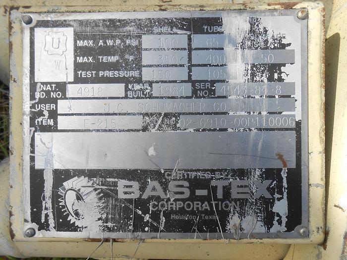 Used Heat Exchanger, Shell & Tube, C/st, S/st, 100 PSI, Bas-Tex #S742219