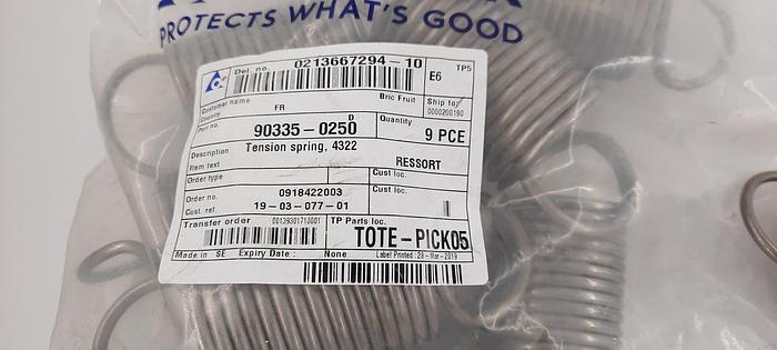 Tetra Pak Spare Parts  Tension spring 4322 Part No. 90335-0250, 8 pcs.
