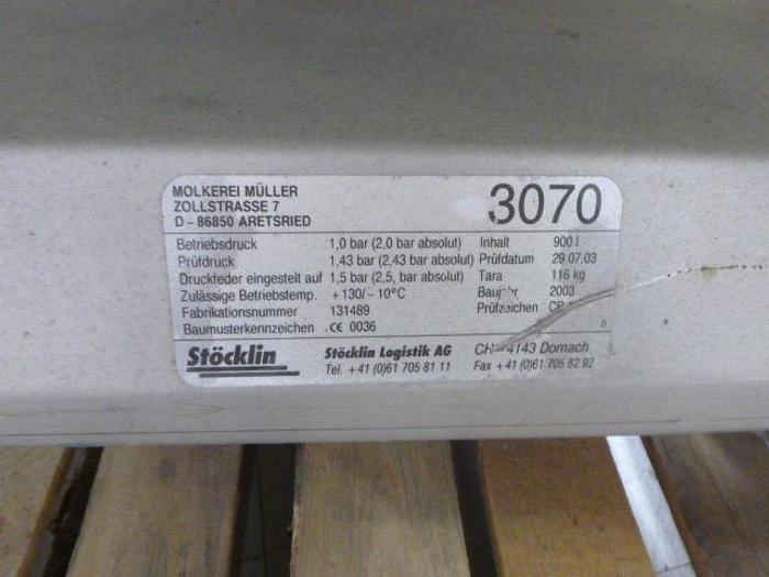 Used STOCKLIN STAINLESS STEEL STORAGE IBC TANK; Md#3070, 900L