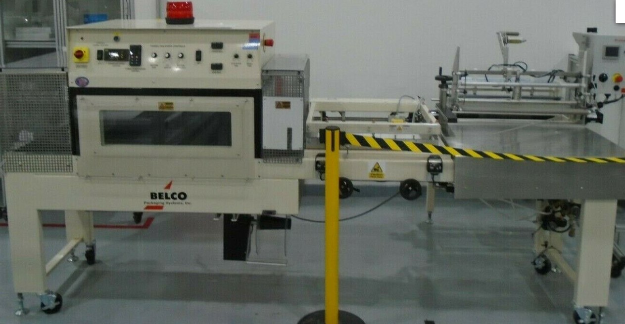 Used Belco STC2520C shrink packaging system with L-Sealer and Fan Shrink Tunnel