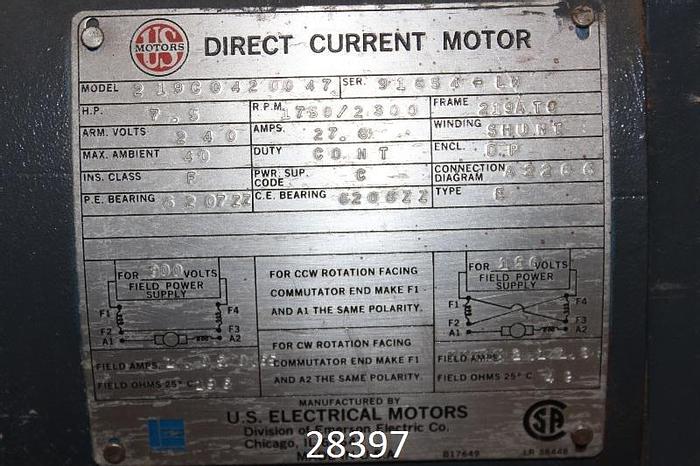 Used Associated Electro M 219coh20047 Dc Motor. 7.5 Hp, 750/230 #28397