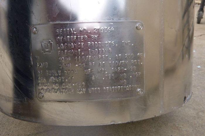 Used Tank, 5 Gallon S/st, 110 PSI, FV, DT/DB, Clamped Top, B #S744170