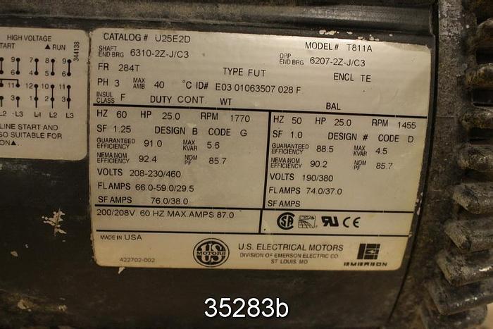Used US Electrical Motors T811A 25 Hp, 1770 RPM, 460 Volts, 284T Frame Ac Motor #35283