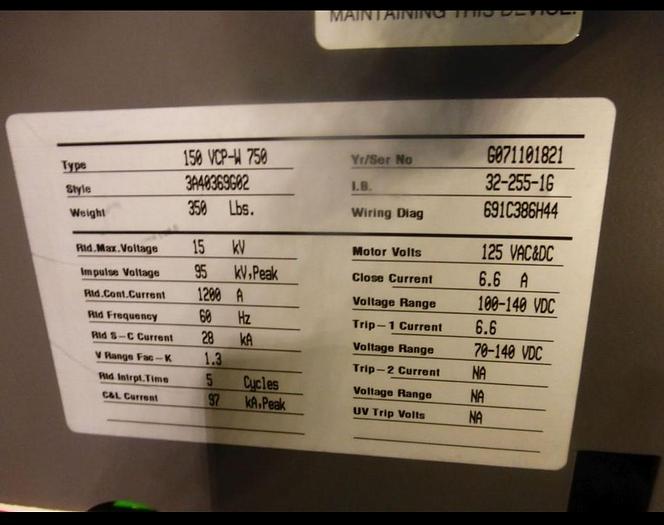 Used 2007 Eaton Cutelr Hammer  15Kv Breaker Line up