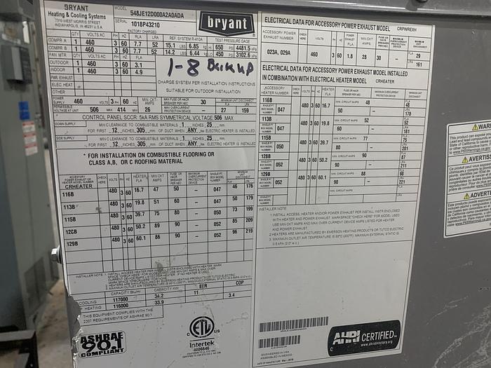 Used BRYANT HEATING & COOLING SYSTEM MFG. 2018