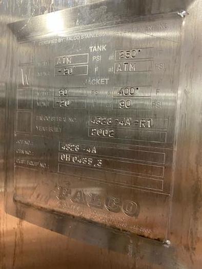 Used Falco 12,400L SS Jacketed Tank
