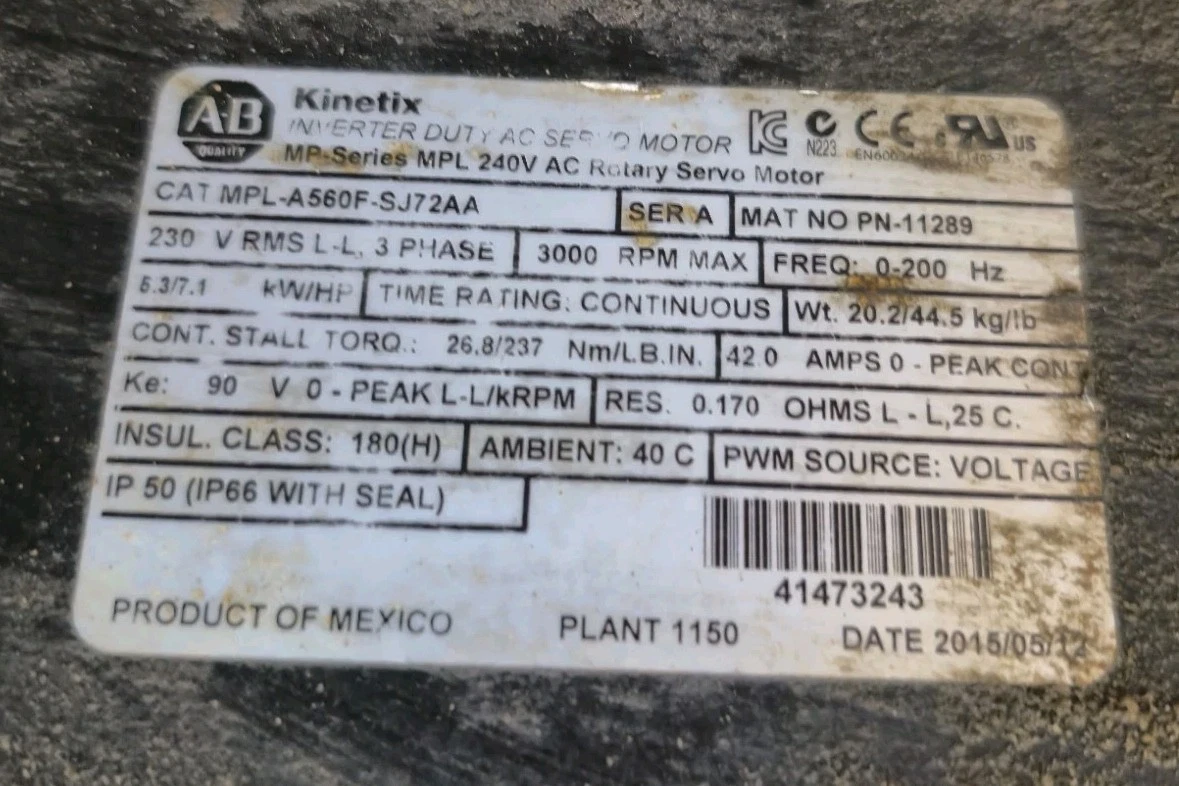 Used Allen-Bradley MPL-A560F-SJ72AA Low-Inertia Brushless Rotary Servo Motor