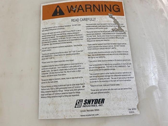 Used Snyder 500 Gal Poly Storage Tank