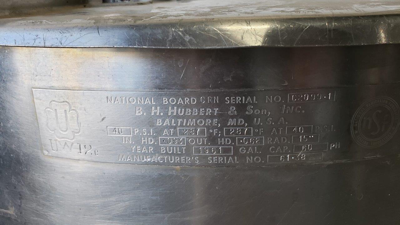 Used BH Hubbert 60-Gallon SS Jacketed Kettle
