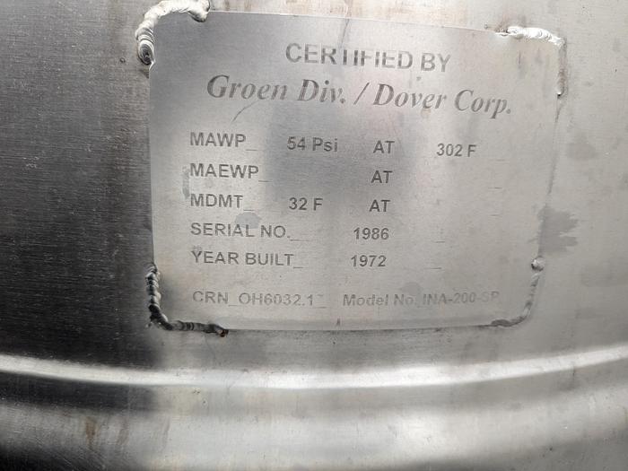 Used Groen 200 Gal. INA-200-SP Spherical Scraper Kettle