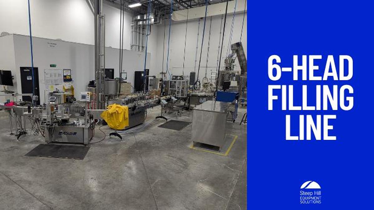 Used Aesus 6-Head Filling Line with Descrambler. Labeler, Filler, Capper, Induction Sealer & Accumulation Table