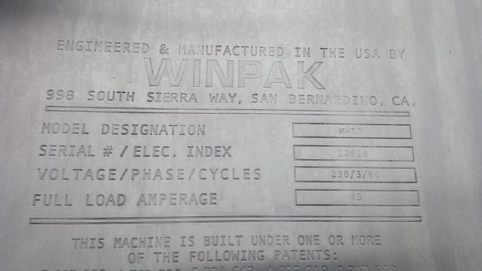 Used Winpak W-12 Vertical Seal Pouch Machine