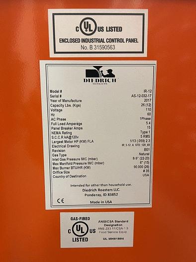 Used Diedrich 1R-12 NG Coffee Roaster
