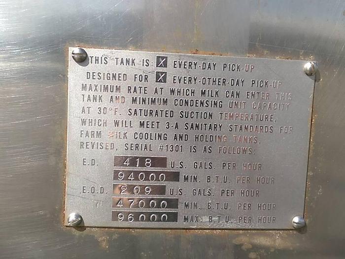 Used 1250 Gallon SS Horizontal Milk Tank