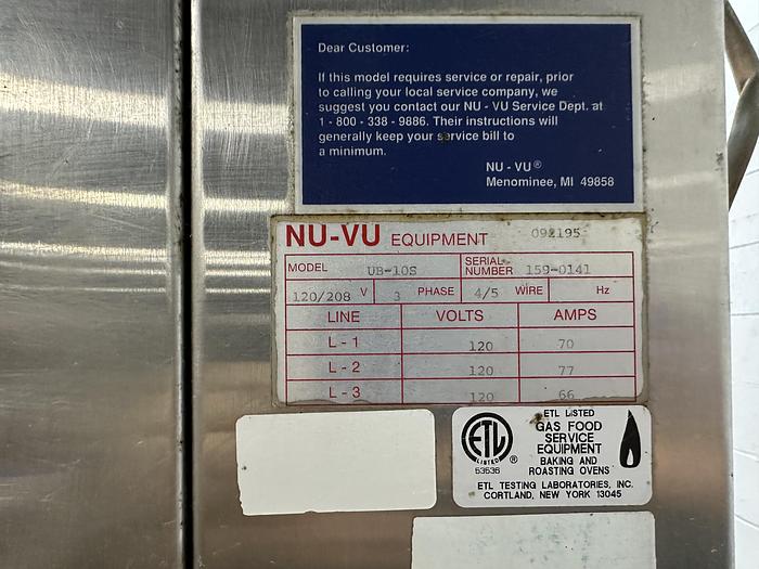 Used NU-VU Circulating Air Oven/Steamer