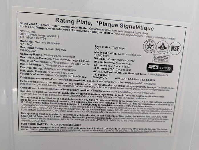 Used Navien NPE-240A Tankless Water Heater