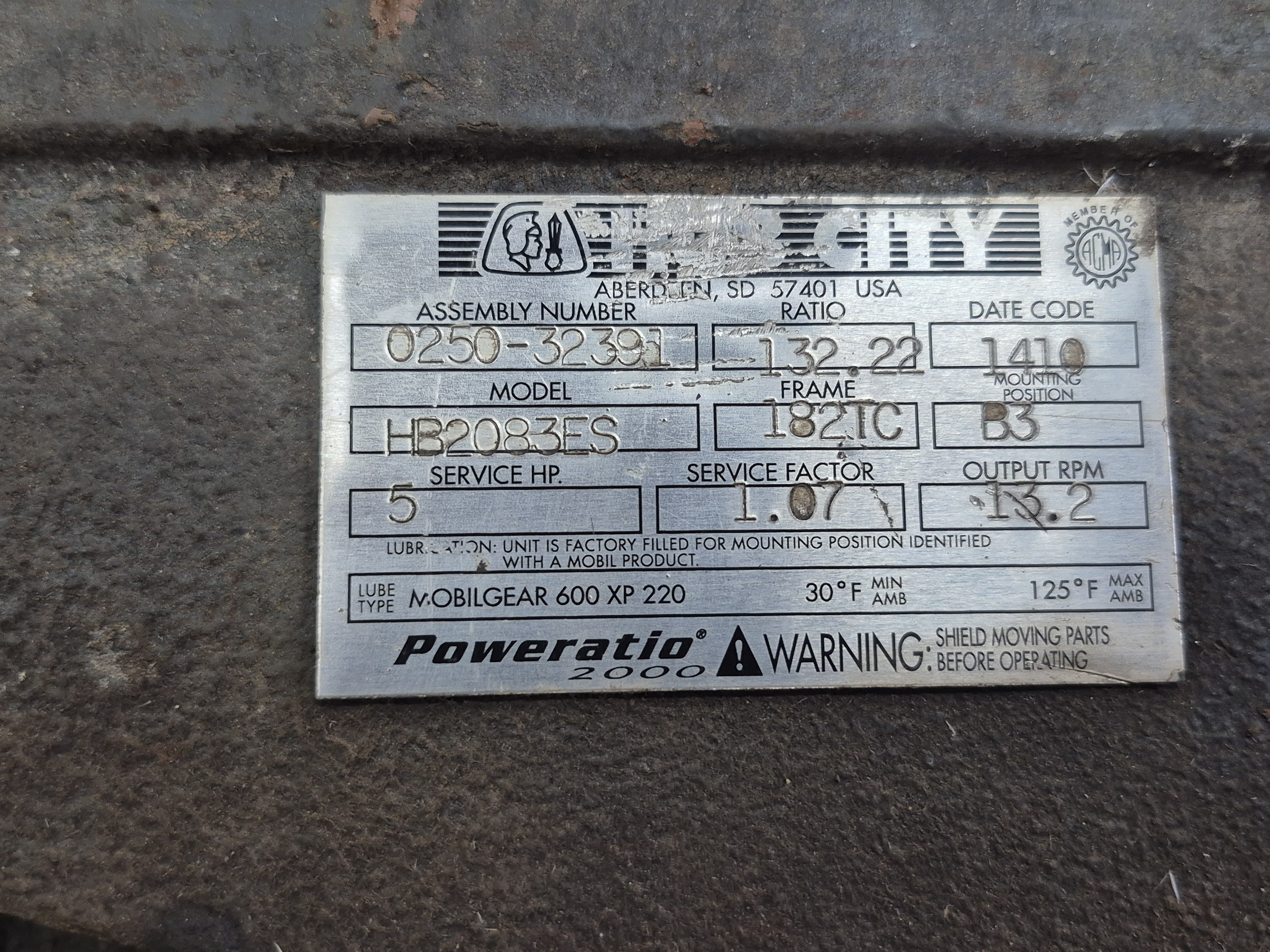 Used Marathon 5 HP Motor with Gear Reducer 