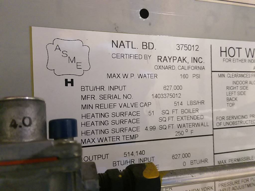 Used RAYPAK BOILER, MODEL H1-0624C