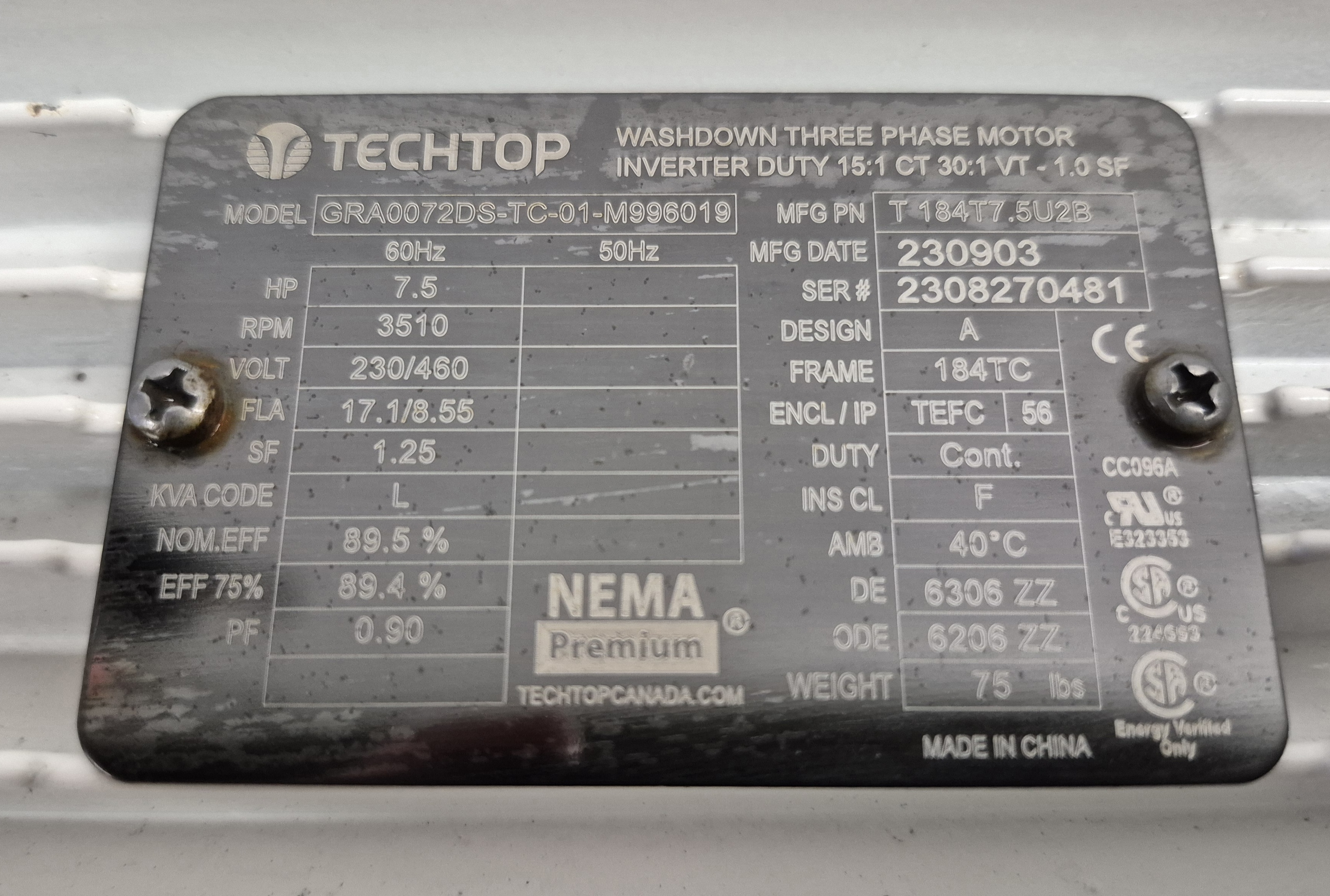 Used TechTop 7.5 HP Motor